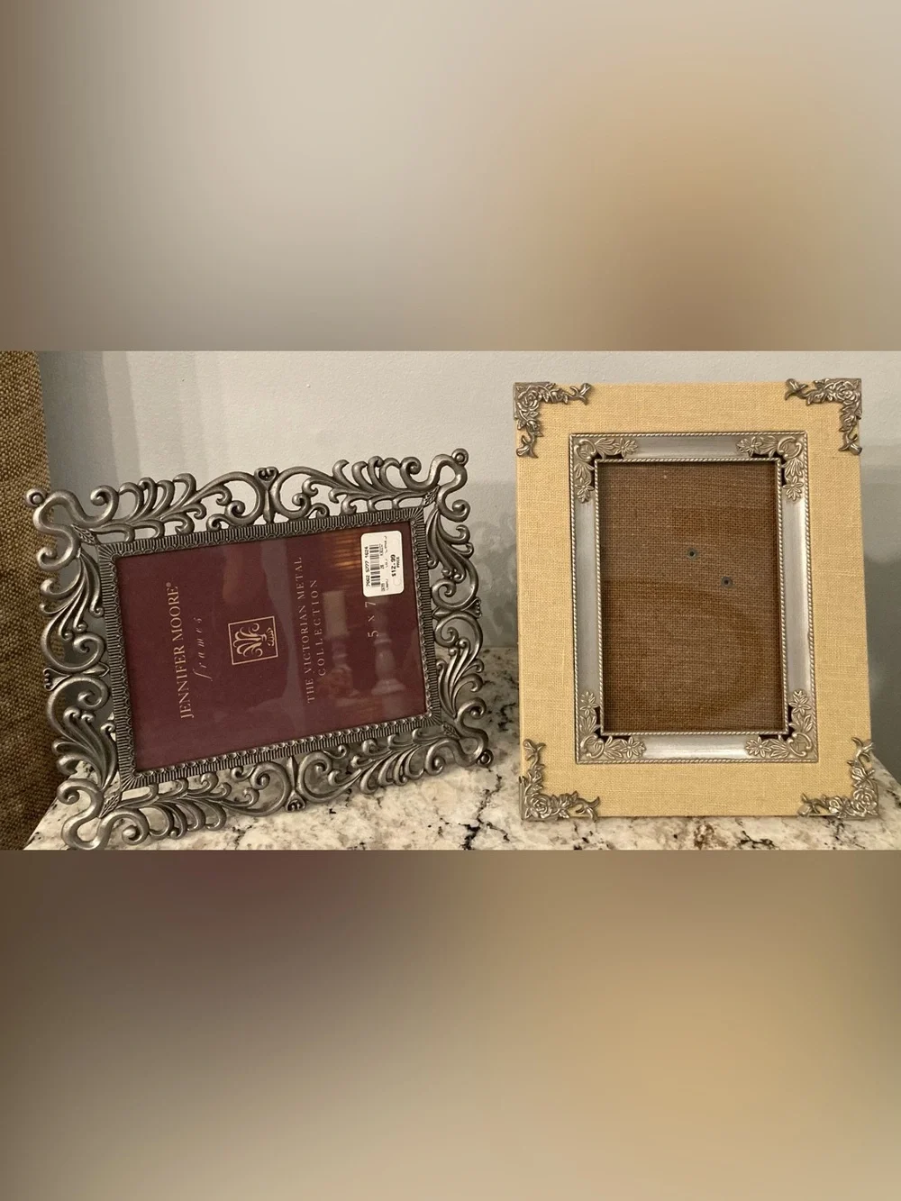 2 Ornate Picture Frames, Silver Toned, Scroll, Burlap